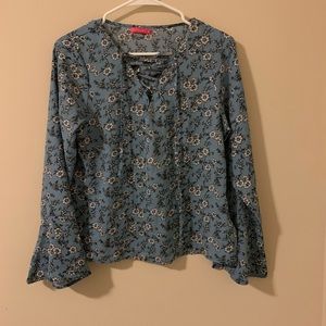 Floral blouse with bell sleeves, lace up neck line